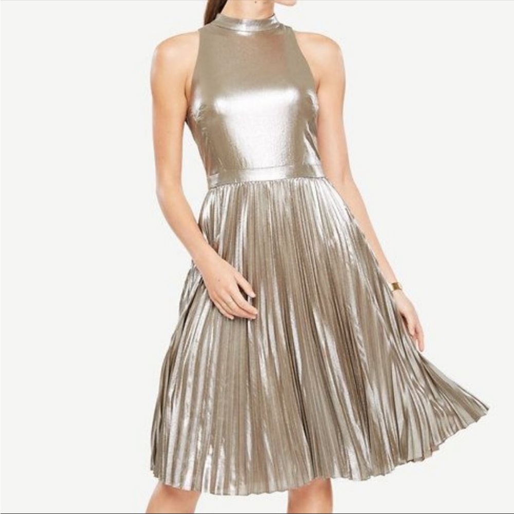 Ann Taylor Champagne Lamé Pleated Cocktail Dress